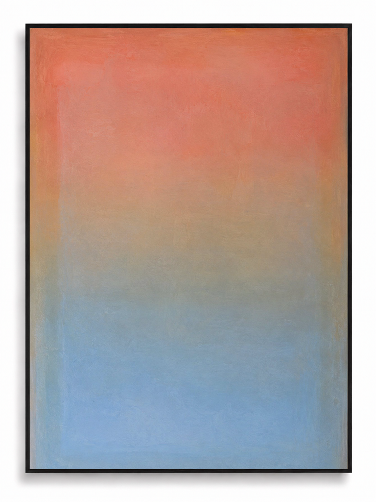 Vesper coral orange blue gradient colour field canvas art print in black portrait frame