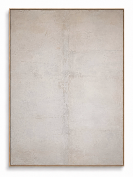 White Silence pale cream textured abstract canvas art print in oak portrait frame