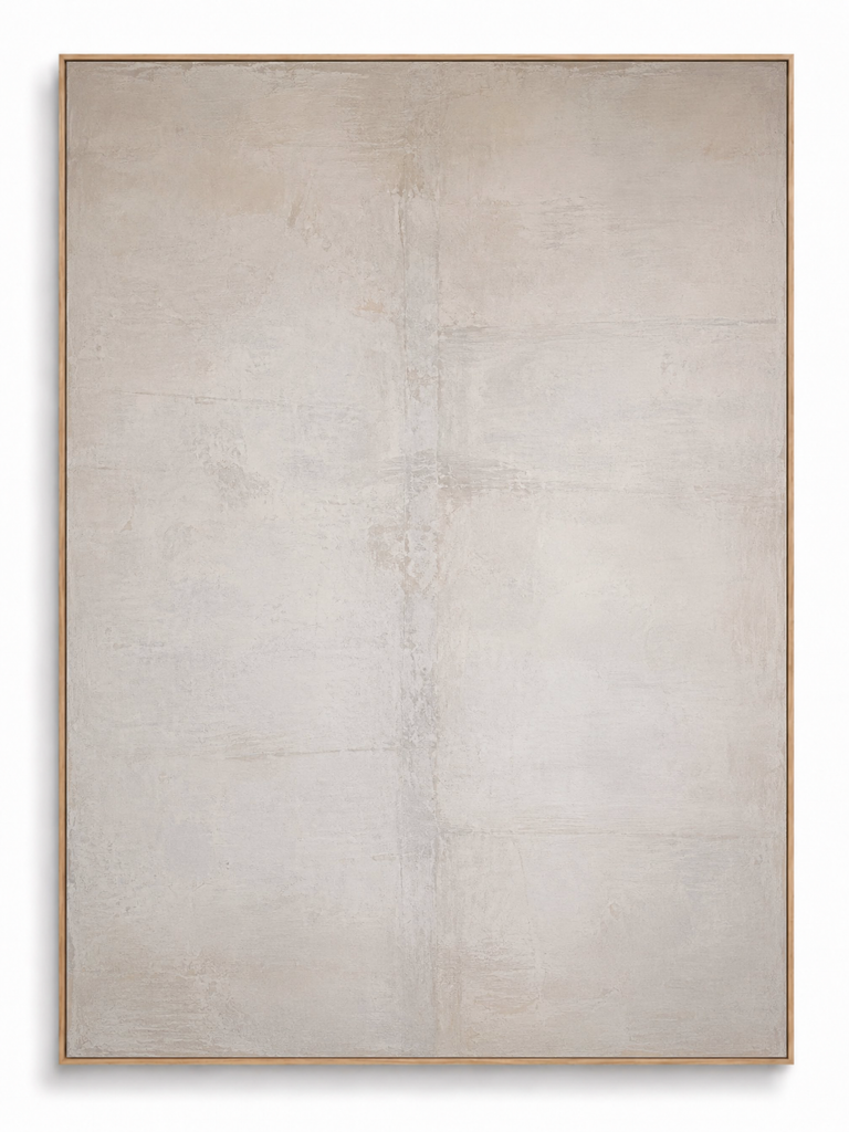 White Silence pale cream textured abstract canvas art print in oak portrait frame
